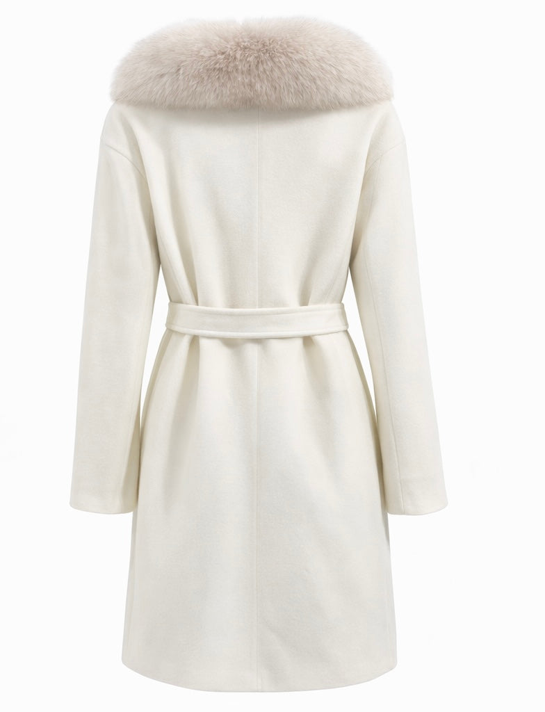 Long Ivory Cashmere Coat with Real Fox Fur Collar