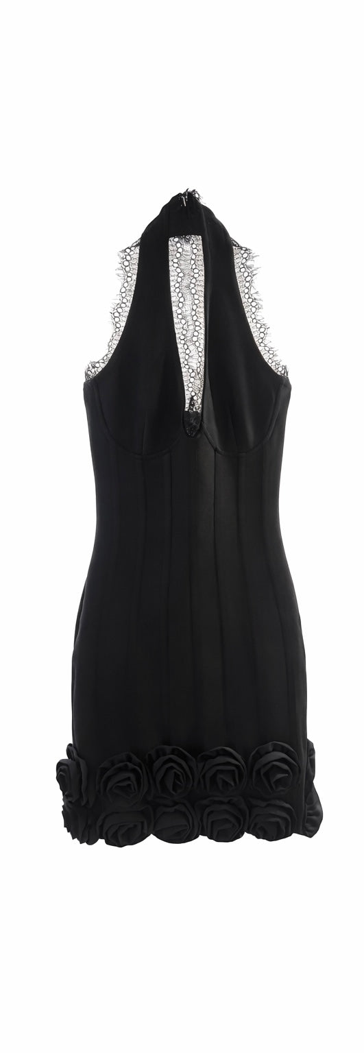 Lace Halter Neck Black Cocktail Mini Dress