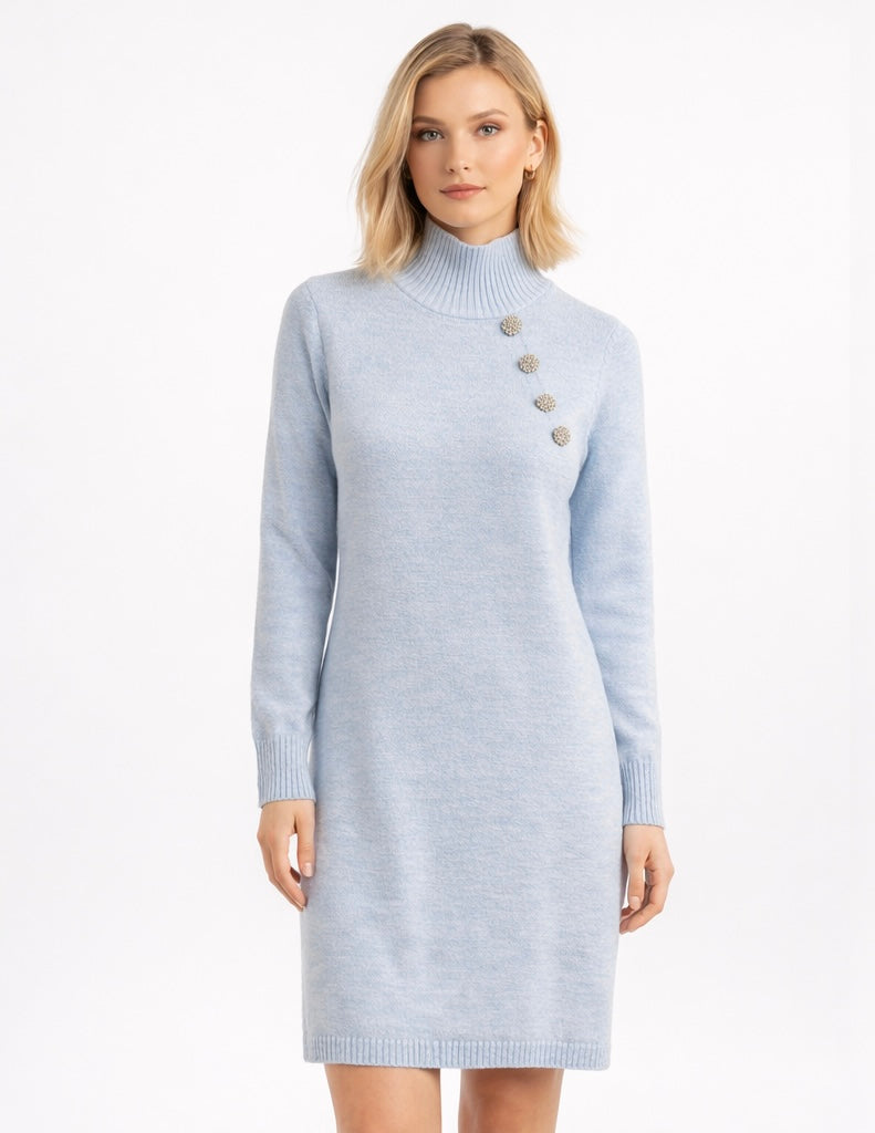 Button-Detail Turtleneck Knit Dress Light Blue