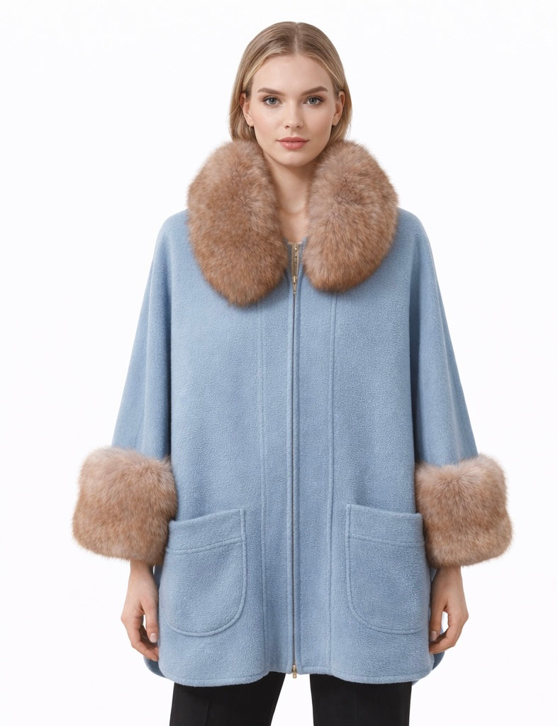 Blue Statement Alpaca Coat with Real Fox Fur