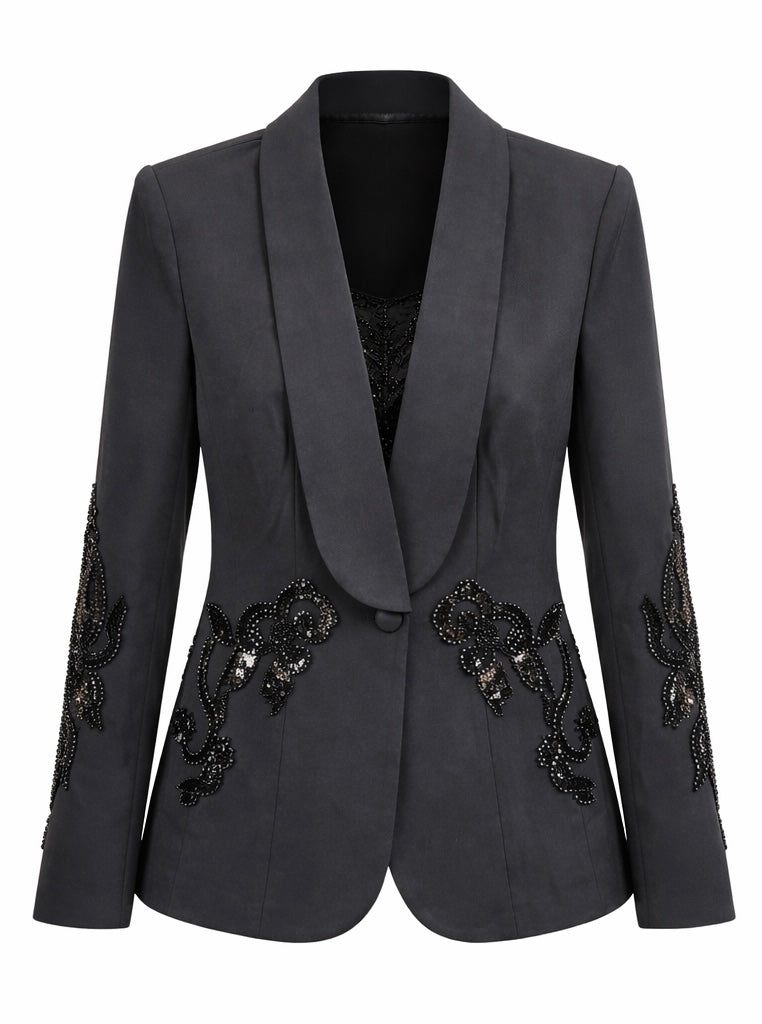 Beaded Blazer & Sheer Wide-Leg Pant Set