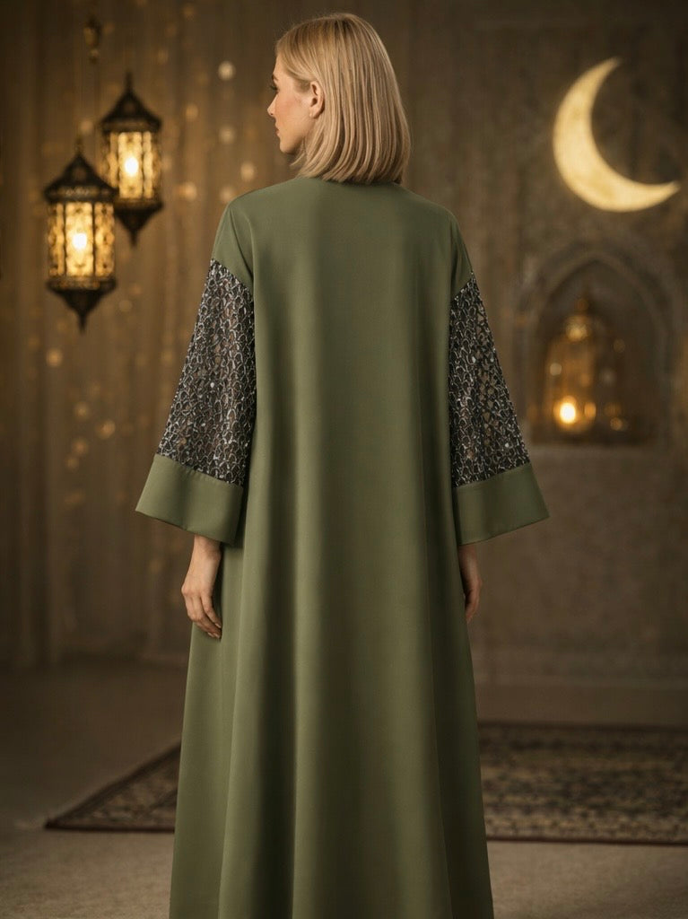 Premium Olive Green Open Abaya with Sheer Sleeve Design