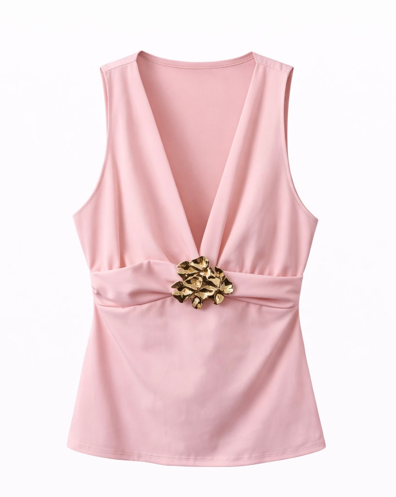 V-Neck Top with Gold Brooch - White . Pink . Black