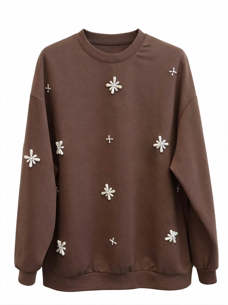 Embellished Floral Detail Brown Crewneck Sweatshirt