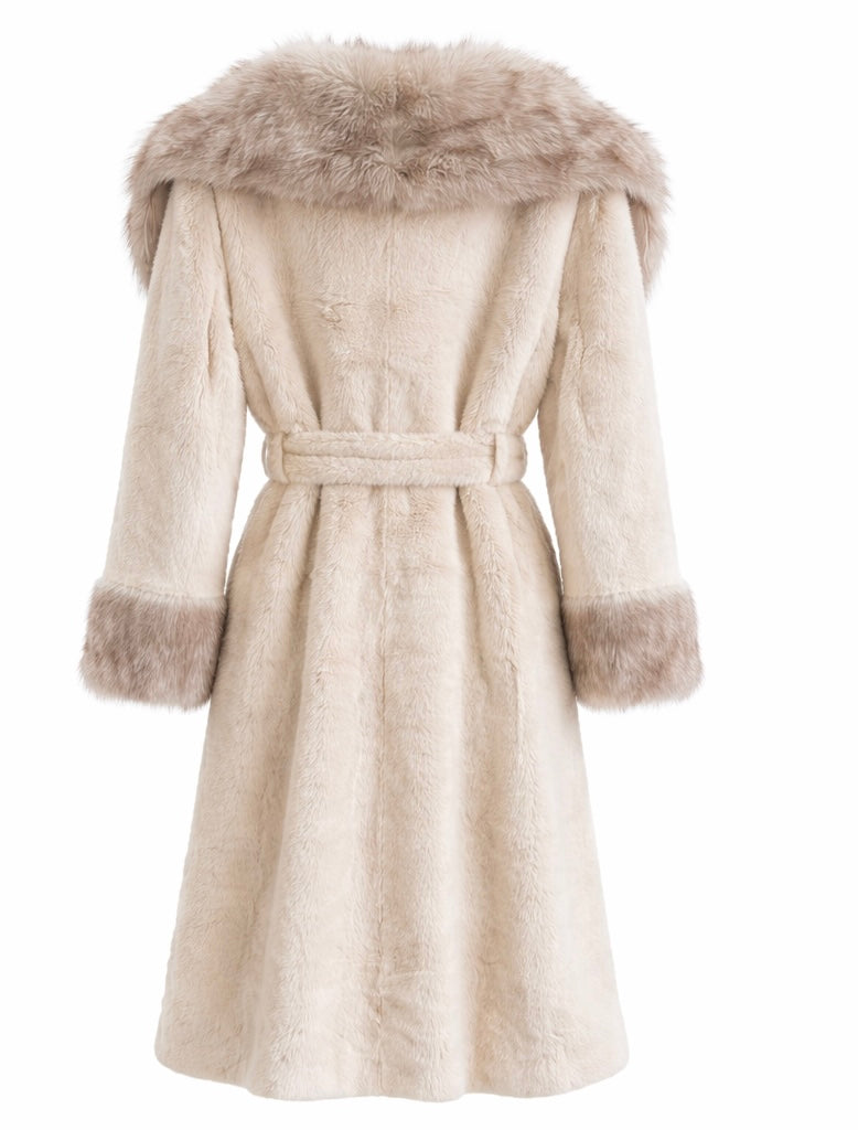 Ivory Faux Fur Long Coat with Plush Collar