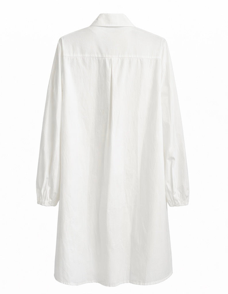 Long Chemise Shirt Dress with Gold Button Detail – White