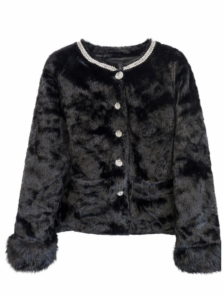 Midnight Luxe Crystal Faux Fur Jacket