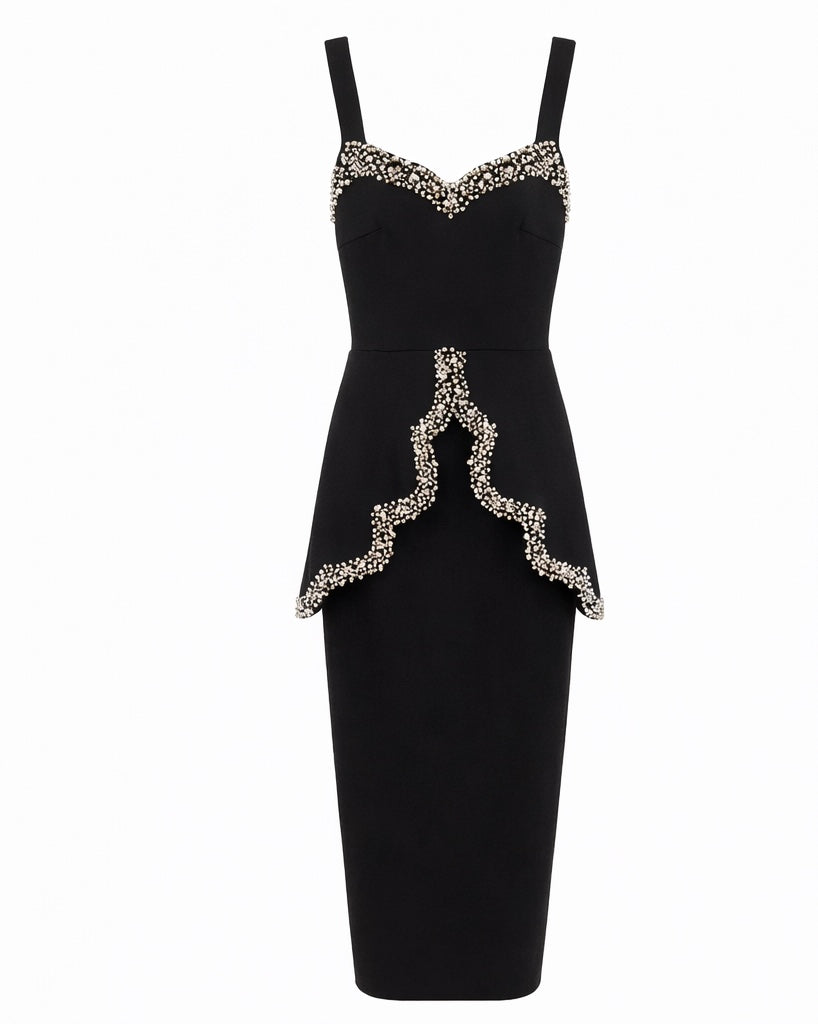 Black Crystal Embellished Peplum Bandage Midi Dress