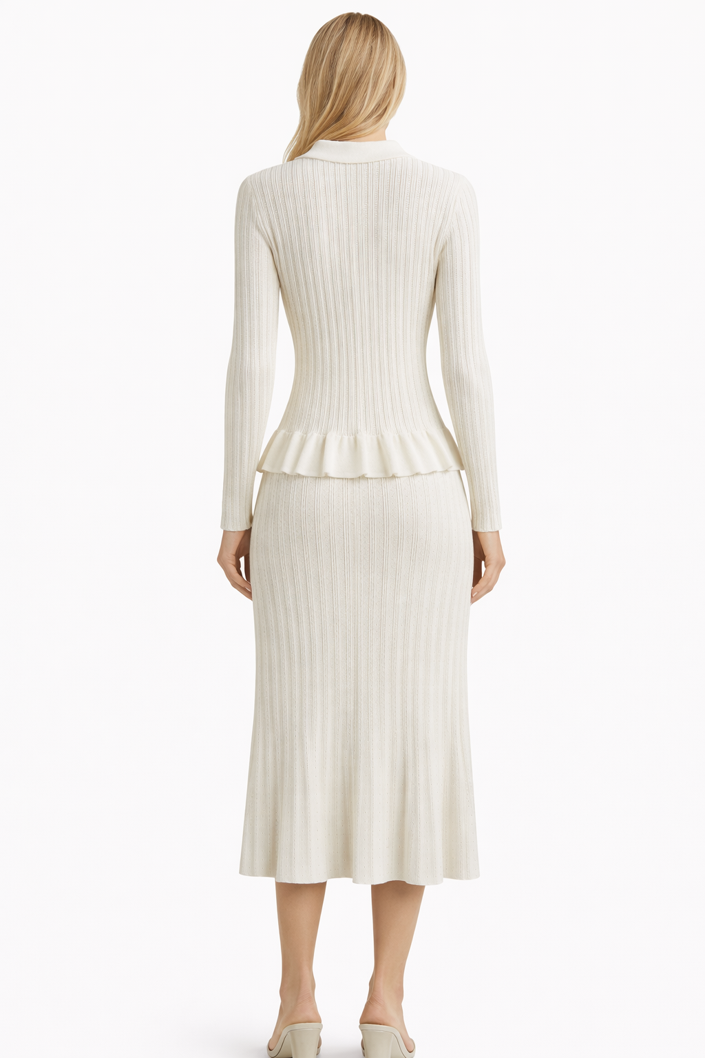 Pearl Button Ribbed Knit Cardigan & Skirt Set White