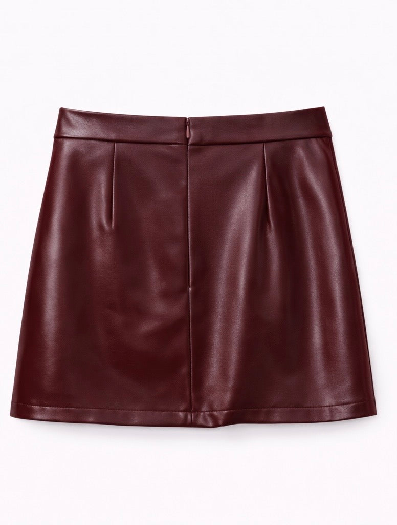 Statement Bow Faux Leather Mini Skirt Burgundy