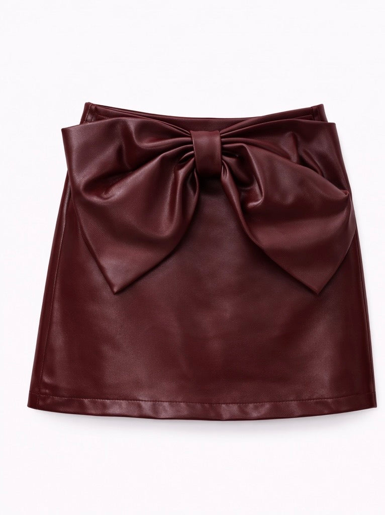 Statement Bow Faux Leather Mini Skirt Burgundy
