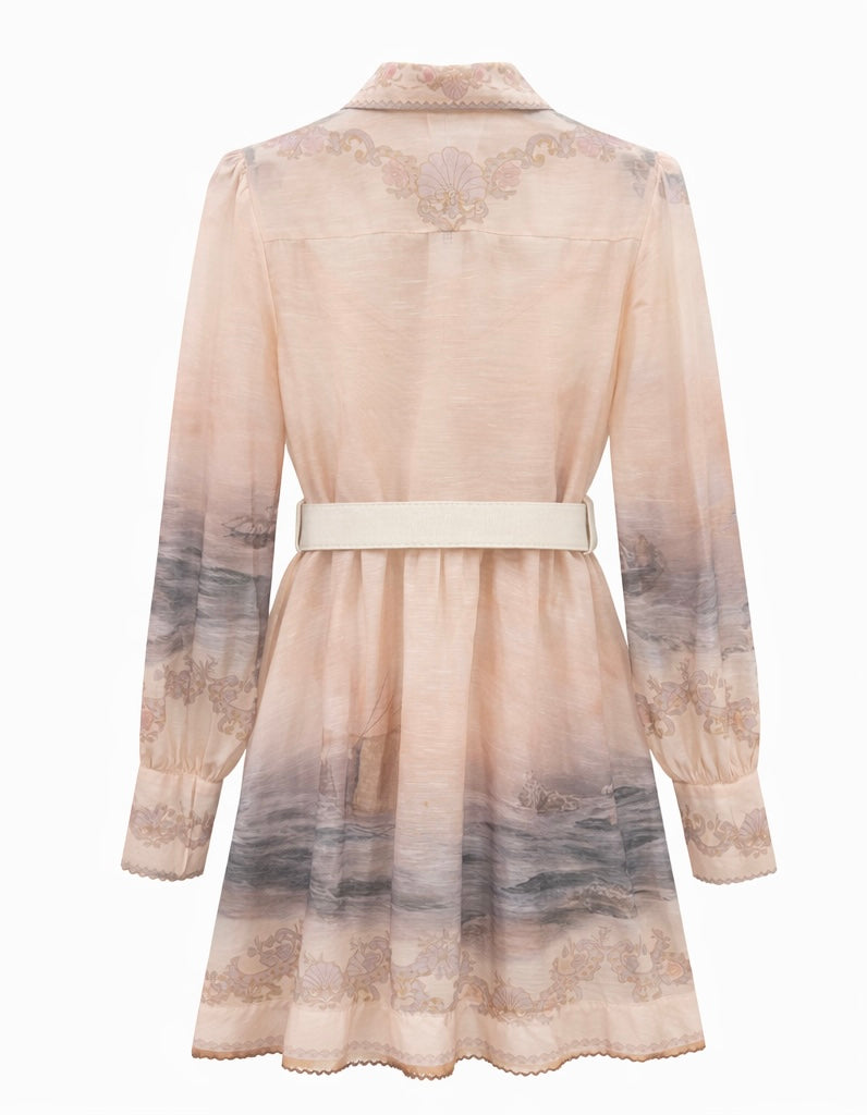Blush Seaside Print Belted  Dress