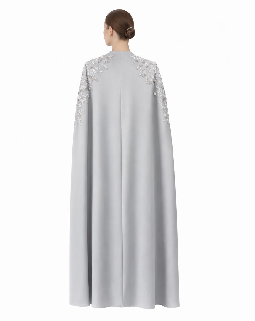 Luxury Silk Embroidered Open Abaya – Silver
