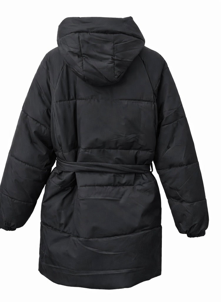 The Belted Hooded Puffer Coat in Black