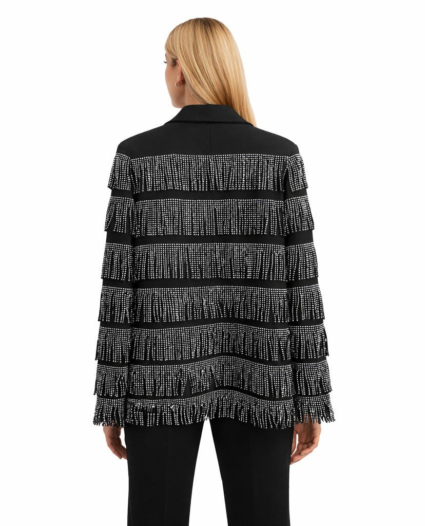 Rhinestone Fringe Blazer Jacket - Silver