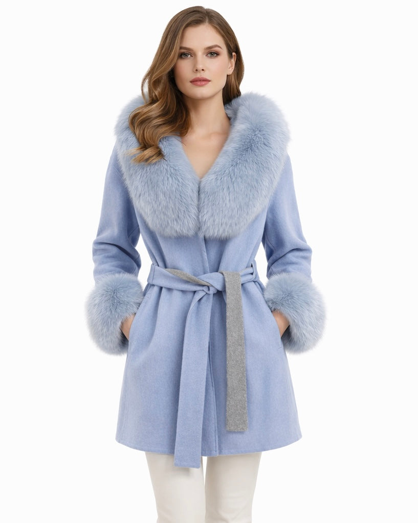 Belted Alpaca Wool Coat with Real Fox Fur Collar & Cuffs – Ice Blue