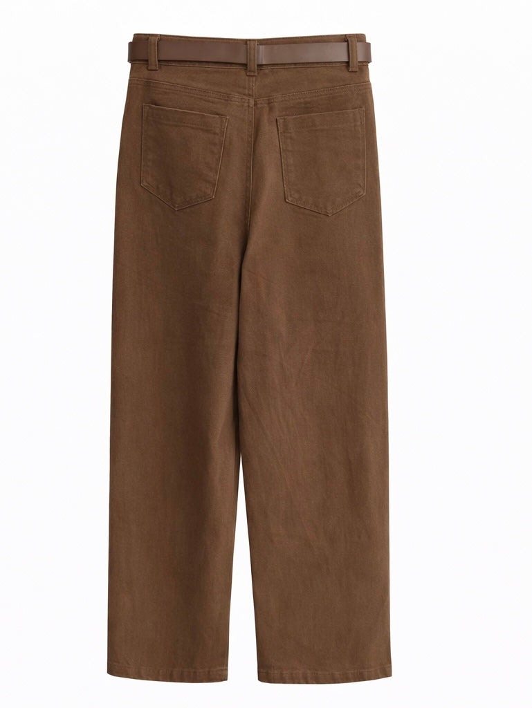 High-Waisted Straight-Leg Pants with Belt – Brown