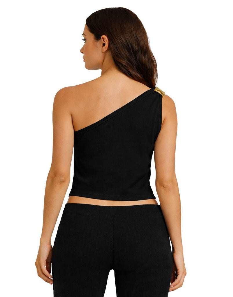 Chic One-Shoulder Crop Top - White , Black , Beige