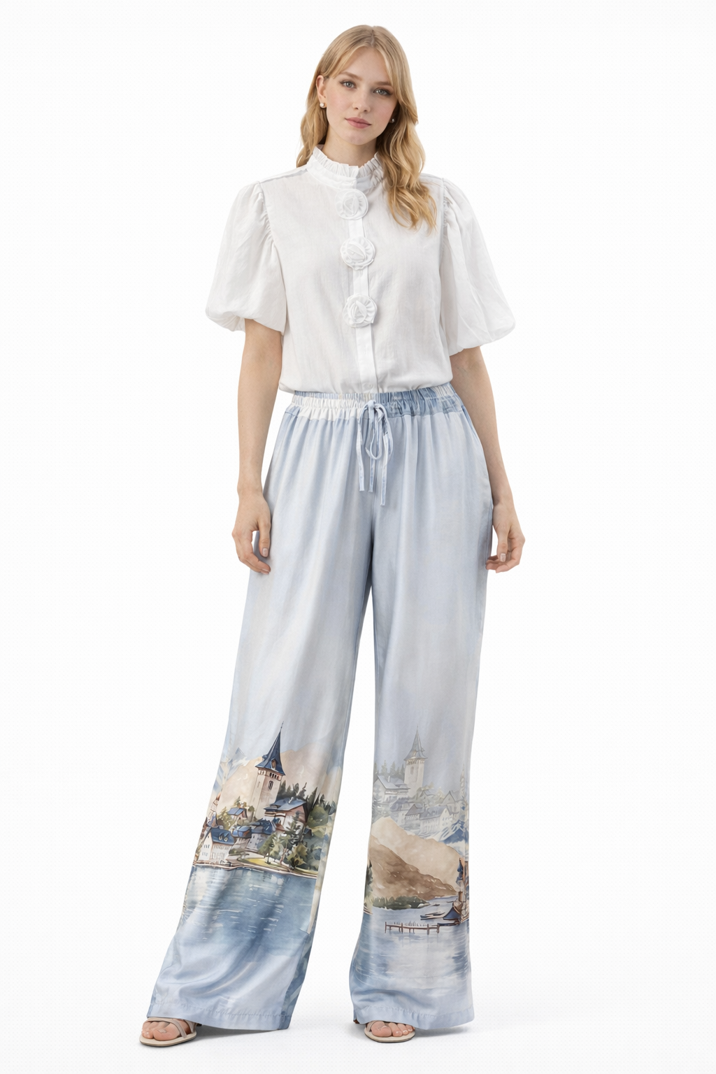 Blue Landscape Print Palazzo Pants