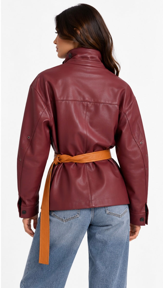 Cognac Leather Belted Jacket