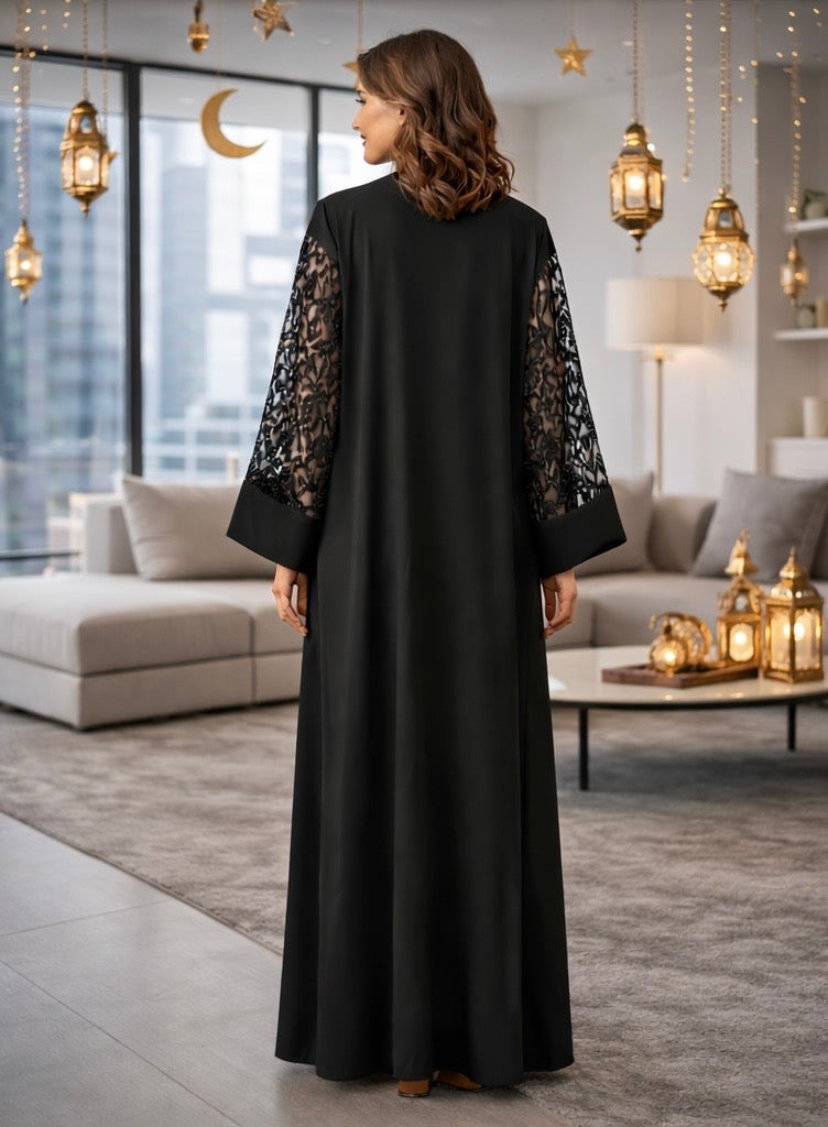 Luxury Black Open Abaya with Intricate Lace Sleeve Detailing
