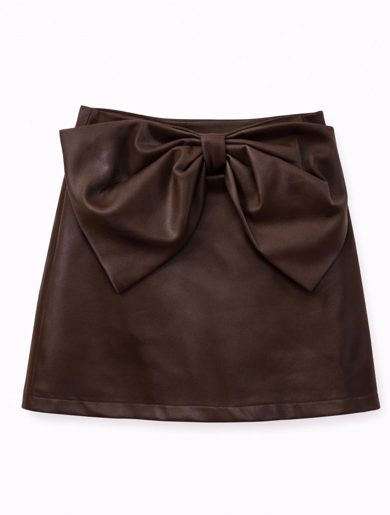 Statement Bow Faux Leather Mini Skirt Brown