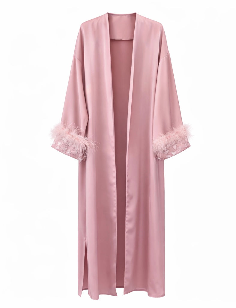 Blush Satin Feather-Trim Kimono
