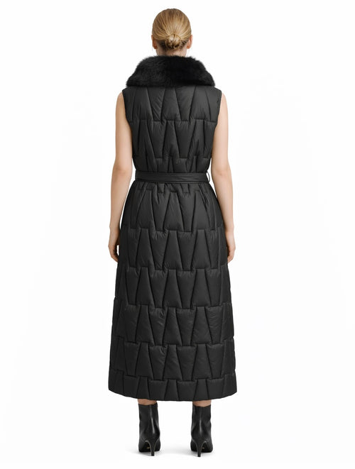 Black Quilted Long Vest with Fur Collar