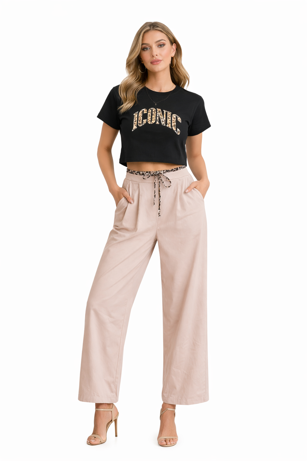 Beige Wide-Leg Drawstring Pants with Leopard Waist Detail