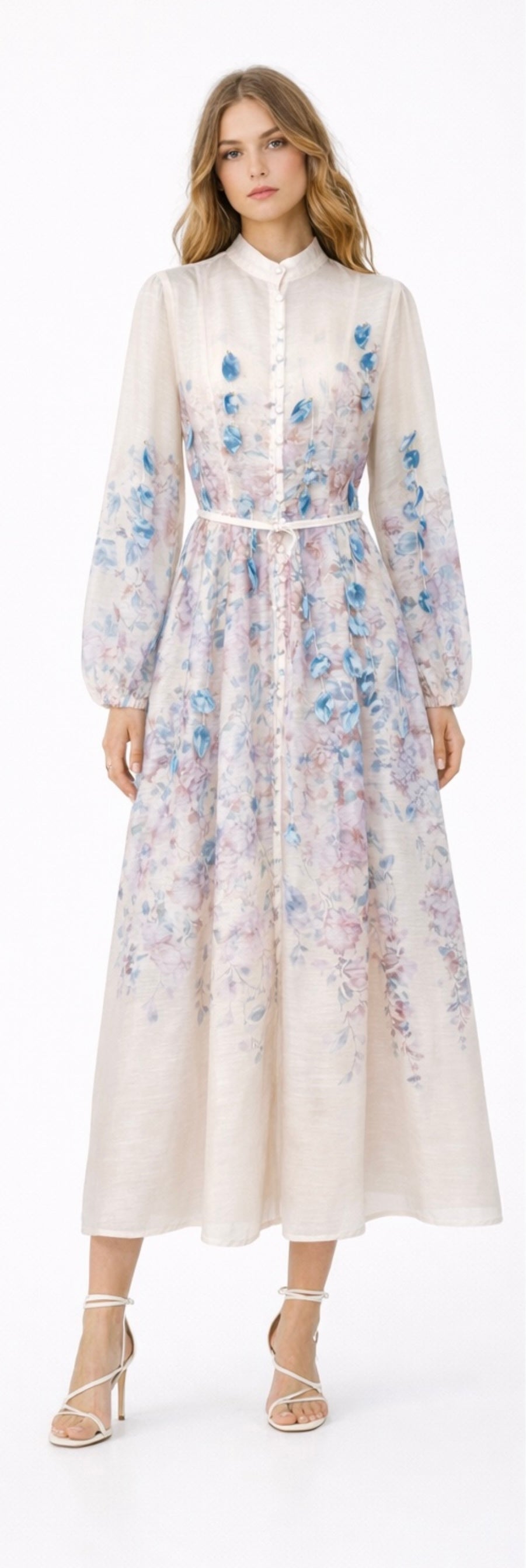 Soft Pastel Floral Belted Midi Dress