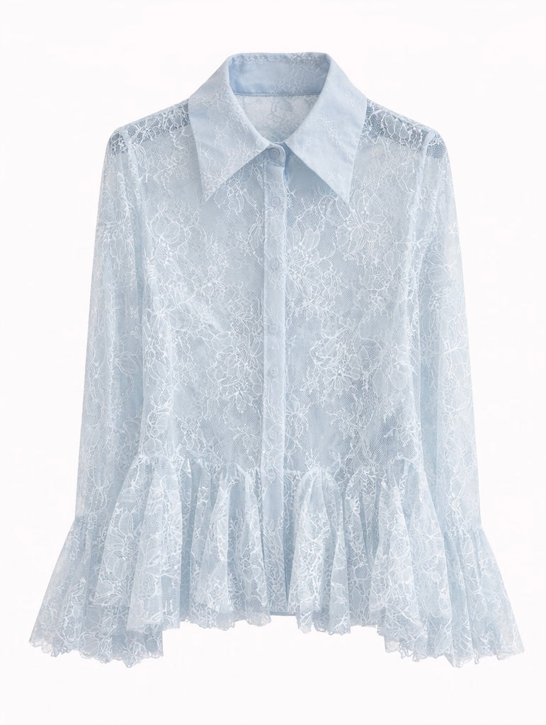 Sheer Lace Peplum Blouse – White , Light Blue , Butter Yellow