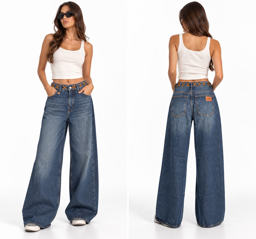 Lace-Up Wide-Leg Denim Jeans
