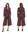 Pinstripe Tailored Belted Suit ( Burgundy , Beige )