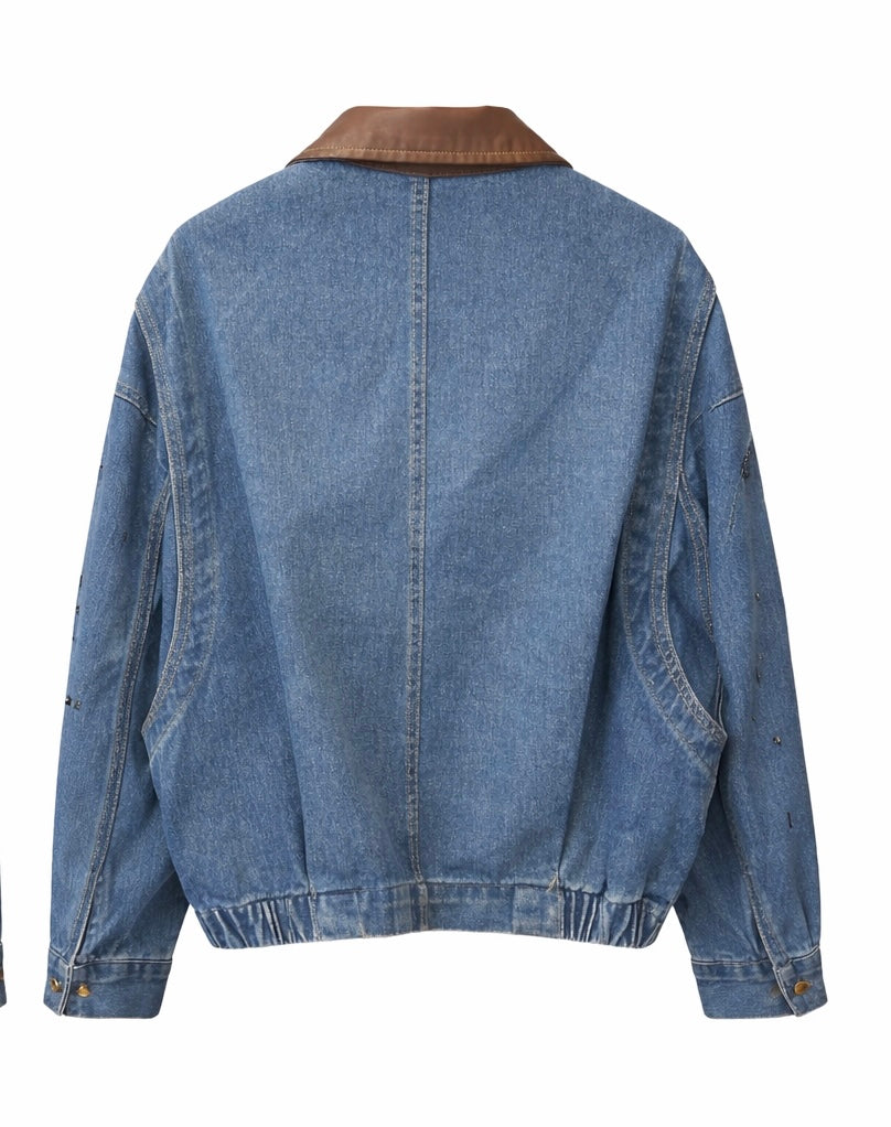 Embellished Denim Jacket with Faux Leather Collar