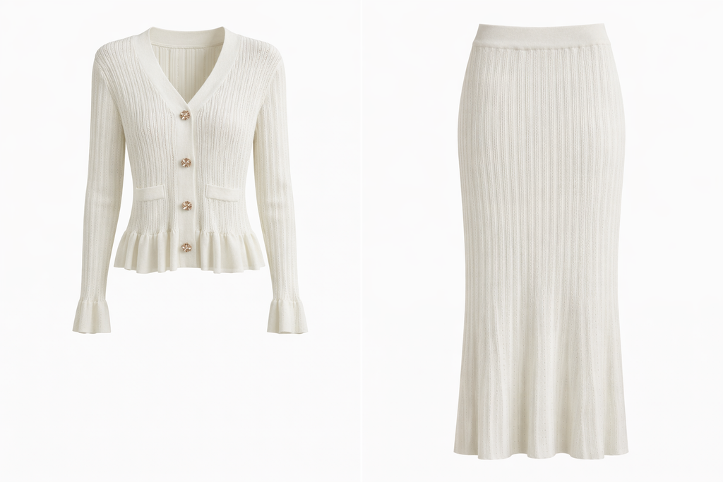 Pearl Button Ribbed Knit Cardigan & Skirt Set White