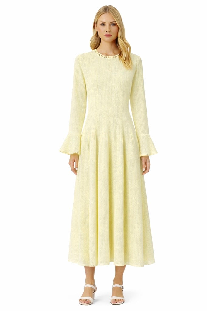 Elegant Pastel Long Sleeve Midi Dress , Lemon & butter yellow