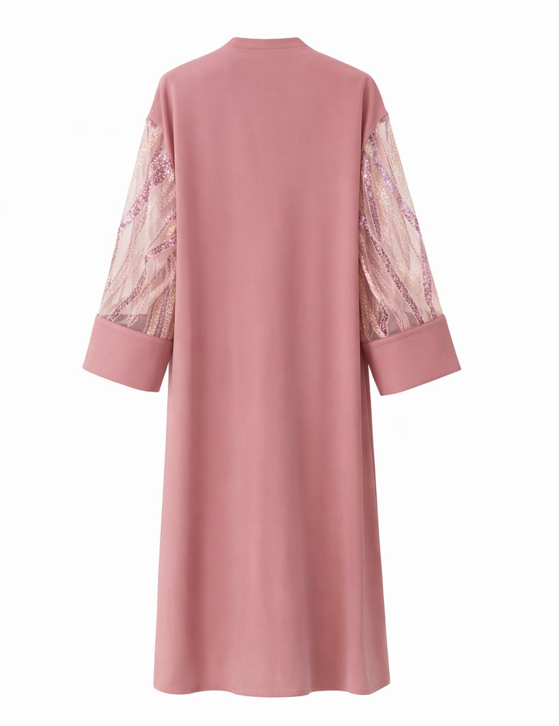 Sophisticated Open Abaya in Blush Pink with Embellished Sleeves