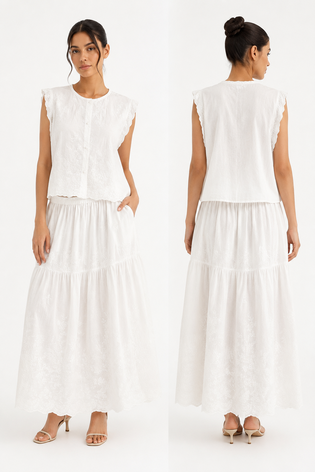 Élise Embroidered Set ( white , Beige )