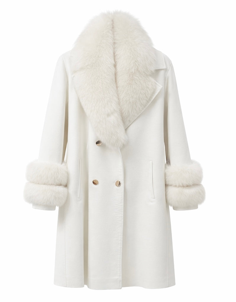 Cloud Dancer White Cashmere Coat with Real Fox Fur