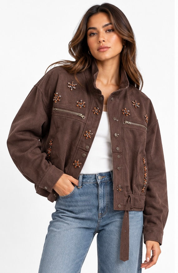 Embellished Suede Belted Jacket ( Brown , Olive , Beige )