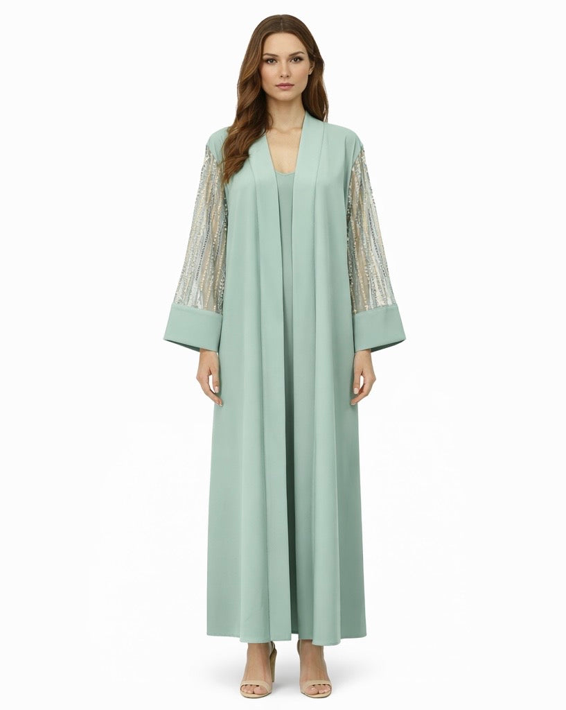 Luxury Mint Abaya with Beaded Sheer Sleeves