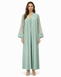 Luxury Mint Abaya with Beaded Sheer Sleeves