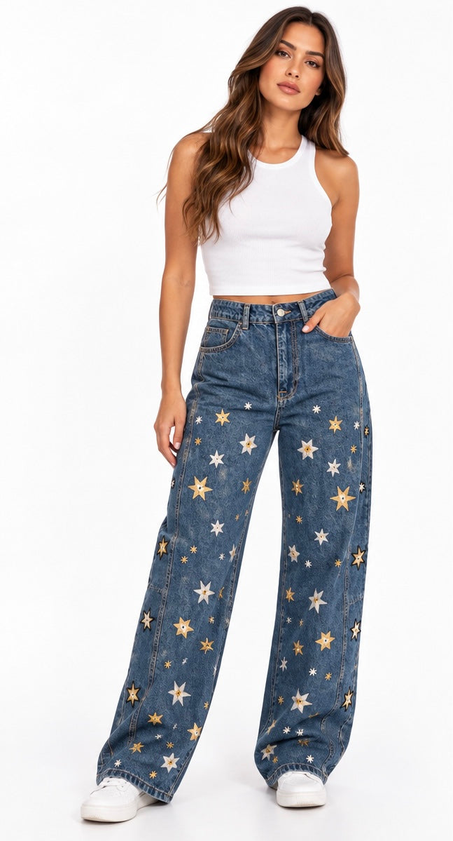 Star Embroidered Wide-Leg Jeans