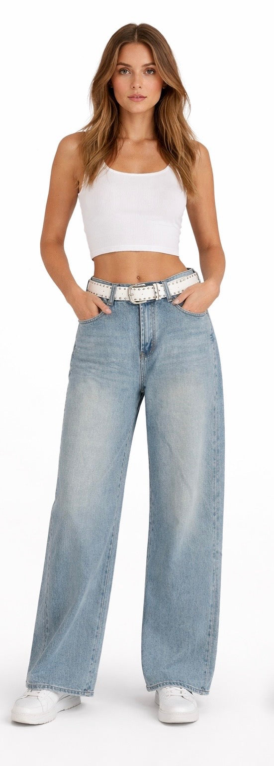 Vintage Blue Wide-Leg Jeans with Studded Belt
