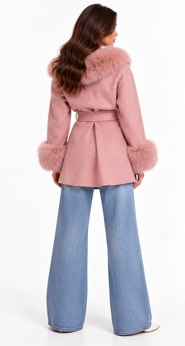 Fur-Trimmed Wrap Coat ( Blush , Icy Blue , Grey , Black , Brown , Burgundy )
