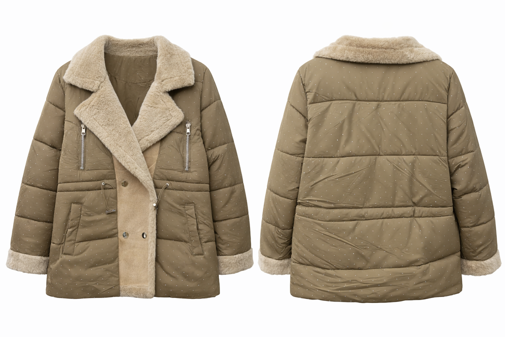 Stud-Detail Quilted Puffer Jacket with Faux Fur Trim – Mocha
