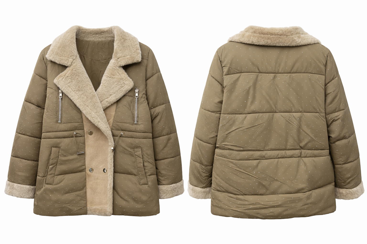 Stud-Detail Quilted Puffer Jacket with Faux Fur Trim – Mocha