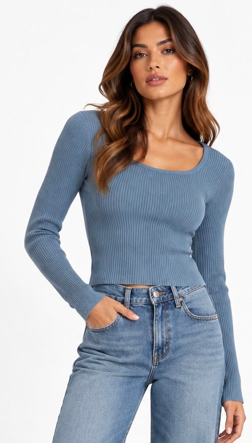 Ribbed Scoop-Neck Knit Top ( Blue , Burgundy , White , Black )
