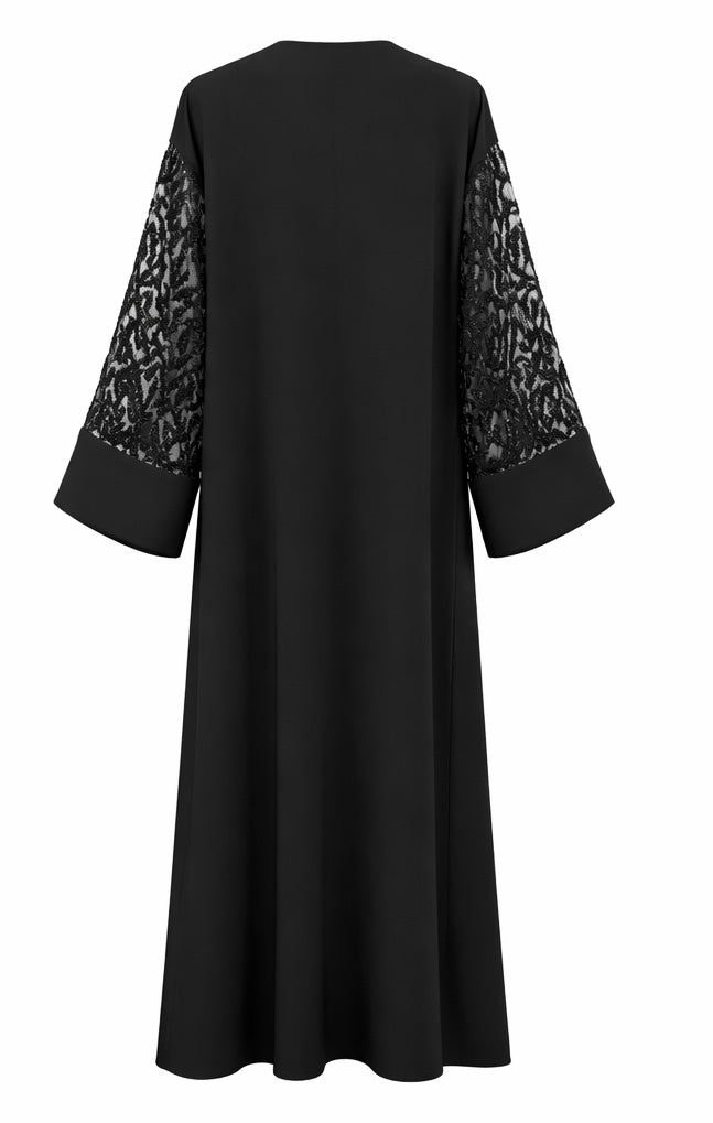 Luxury Black Open Abaya with Intricate Lace Sleeve Detailing