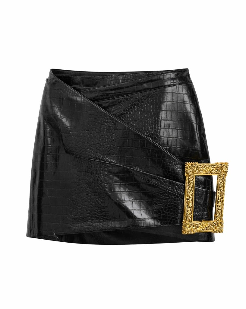 Croc-Texture Faux Leather Mini Skirt – Gold Buckle Detail